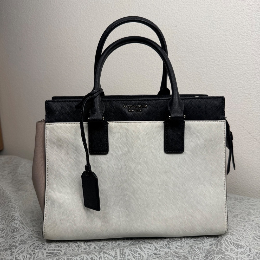 Kate Spade NY Cameron Color Block Leather Satchel Bag Black White Pink Medium